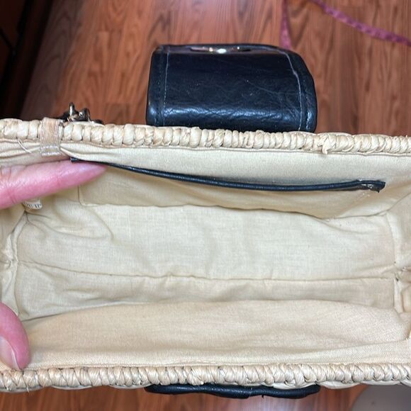 Woven Grass Handbag with Chain Strap, neutral, black, silver - Picture 5 of 6